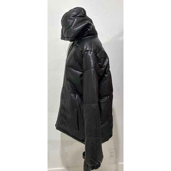 Pretty Little Thing BLACK FAUX LEATHER PADDED HOODED PUFFER US Size Medium NWT - Picture 3 of 7